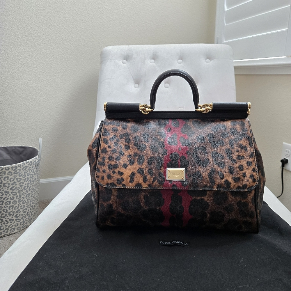 Authentic Dolce & Gabbana Leopard Print Sicily Satchel - Black, Brown, and Red